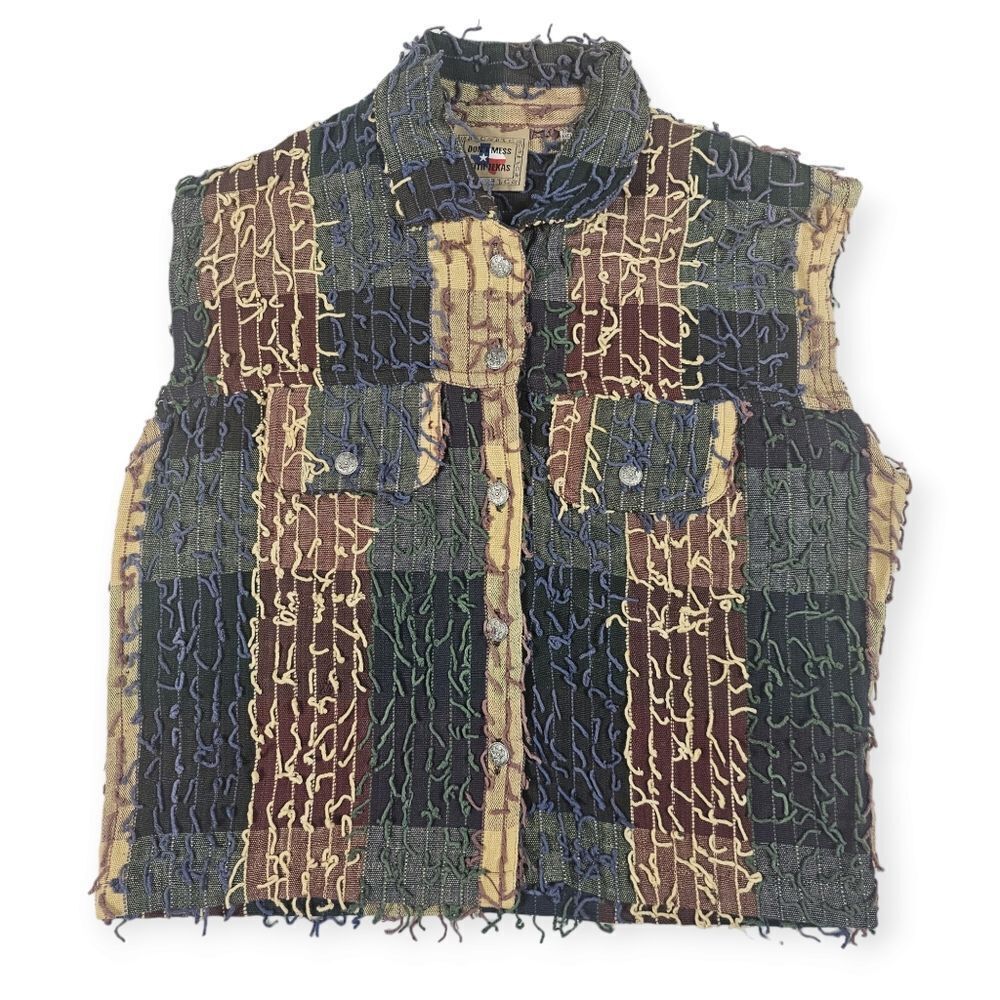 Don't Mess With Texas Western Plaid Fringe Sleeveless Collar Vest Women's Size S